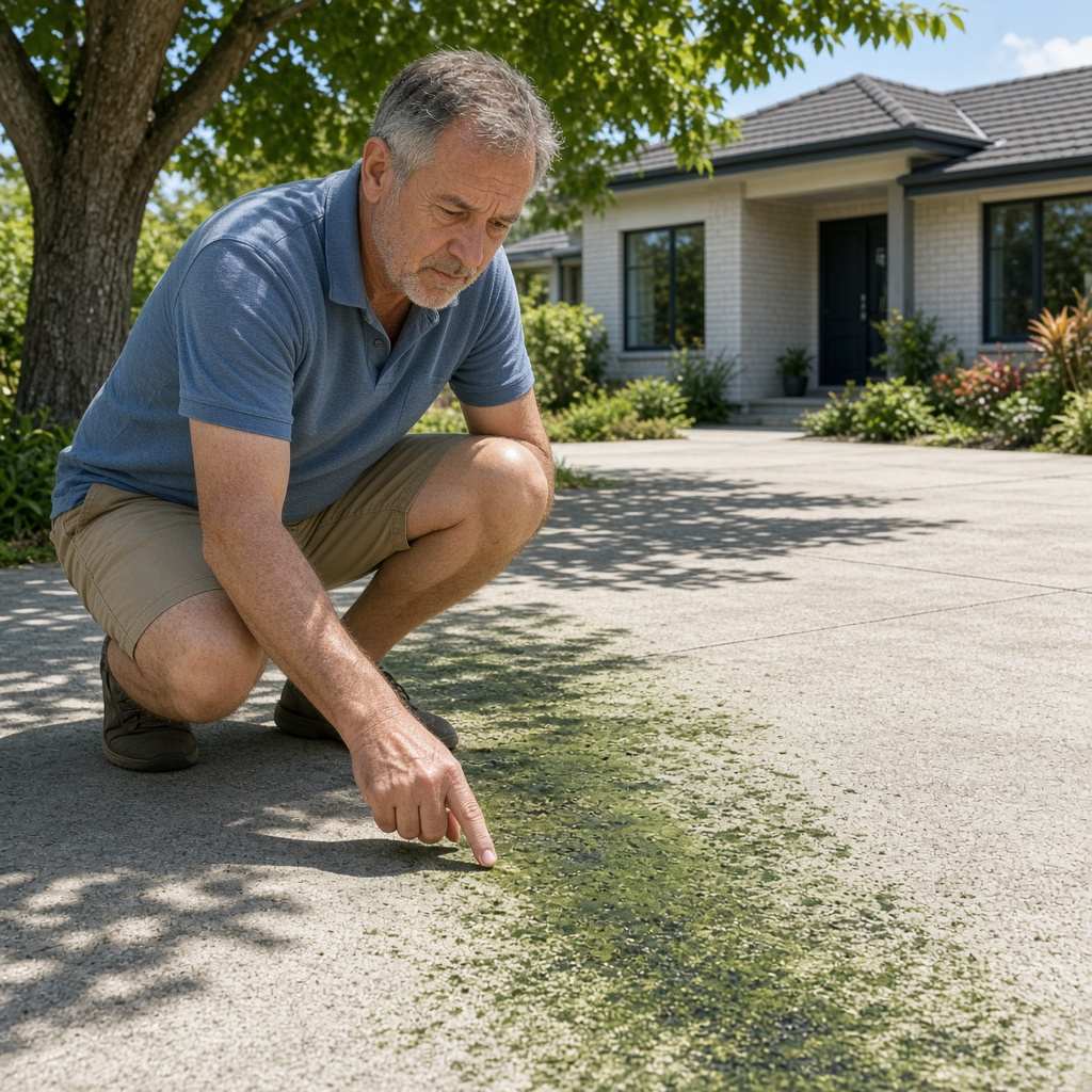 Close-up of a concrete driveway with green algae growth in the shaded section near a tree, with a homeowner examining it in Gainesville, VA.