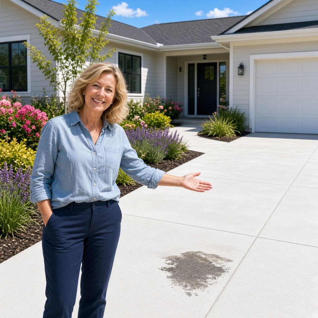 Homeowner standing at the edge of a freshly cleaned concrete walkway and driveway in front of a newer Gainesville, VA home.