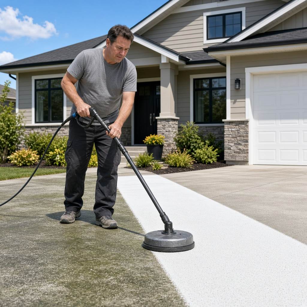 Worker operating a round flat surface cleaner on a Gainesville, VA concrete driveway with a sharp clean-and-dirty line across the slab.
